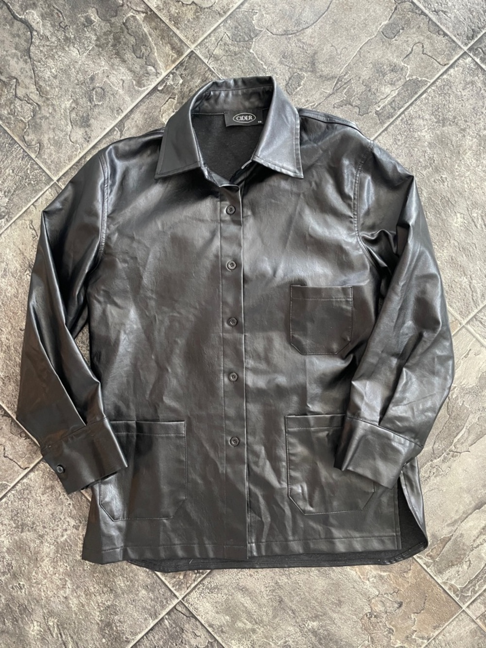 CIDER Black Faux-Leather Urban Sleek Streetwear Button-Up Shacket Jacket Top